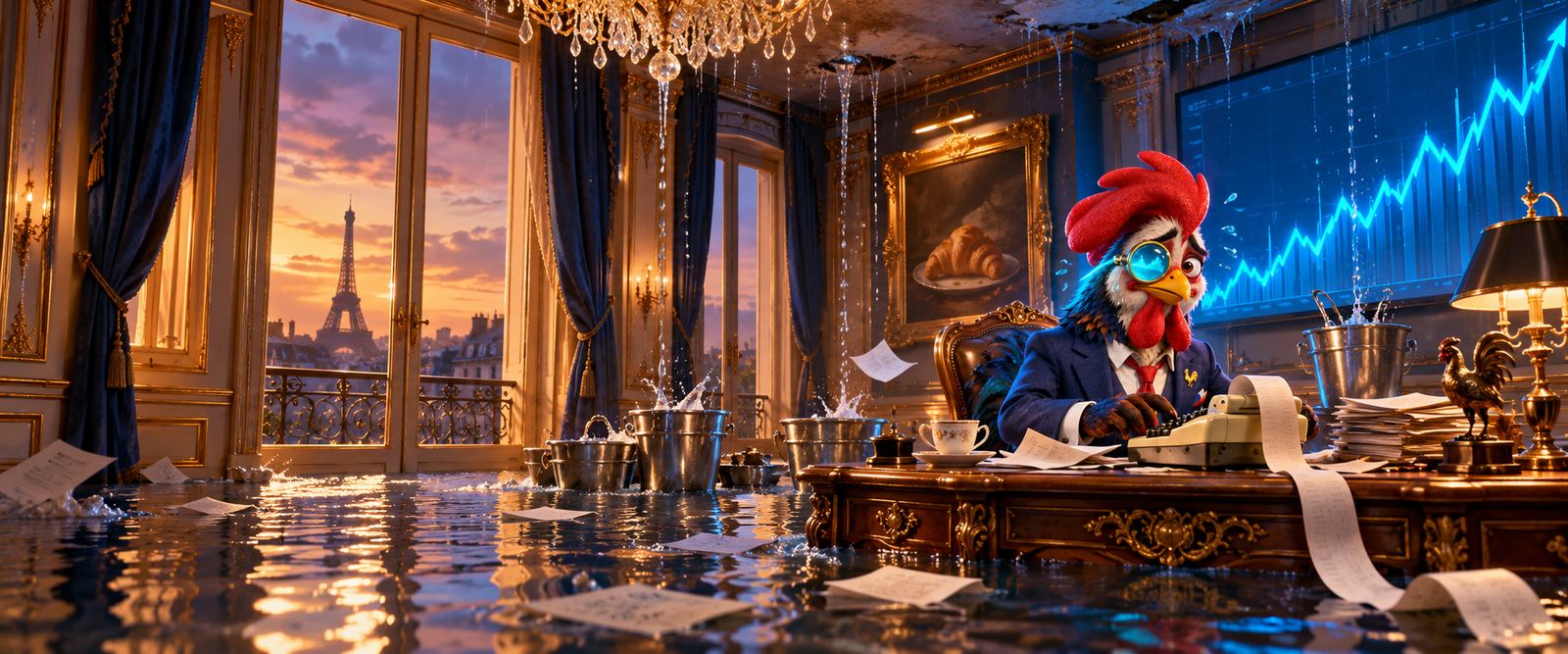 Monsieur Default, a rooster in a navy suit with a glowing monocle, typing on a calculator in a flooding Paris ministry office.